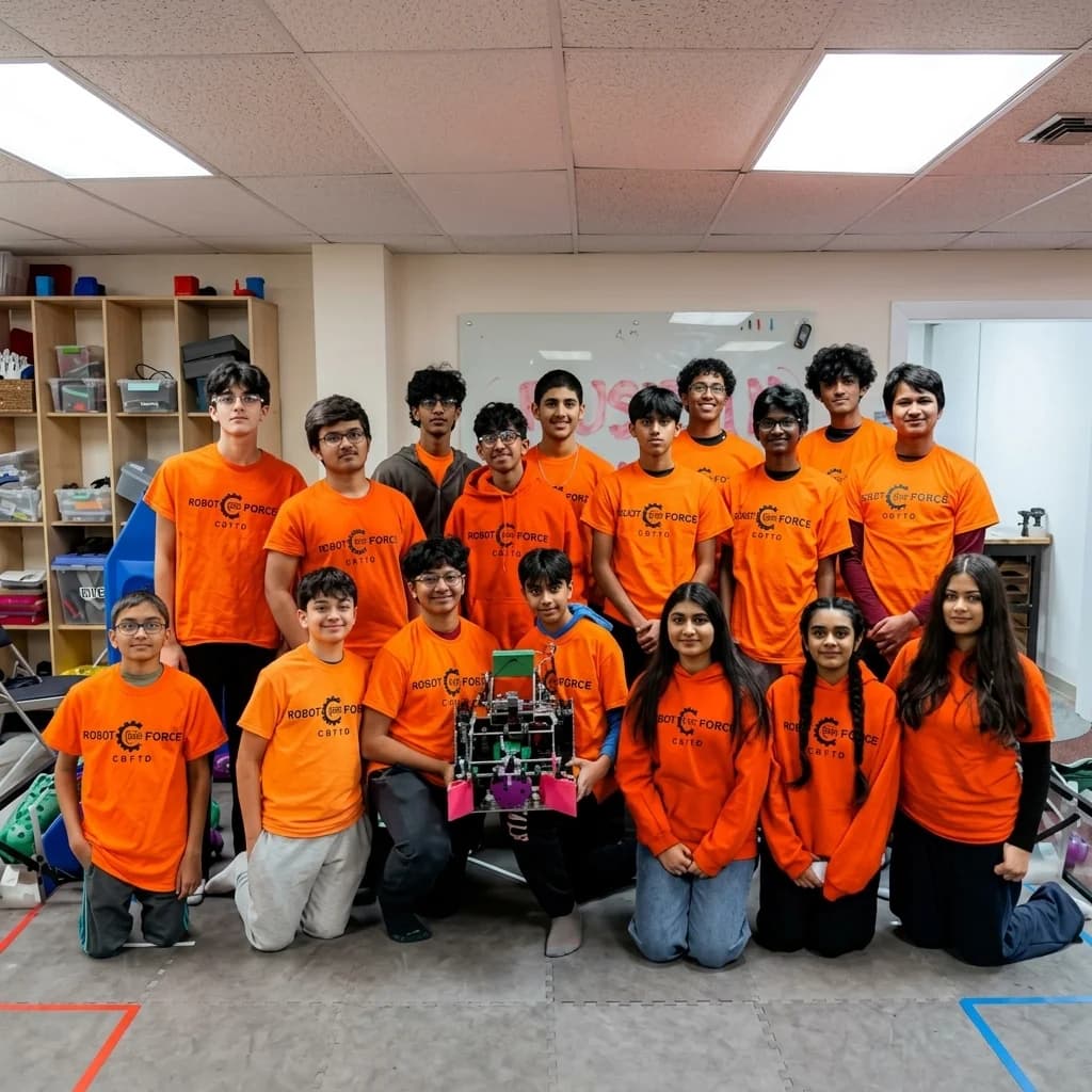 FTC Team 19772 members in orange team shirts